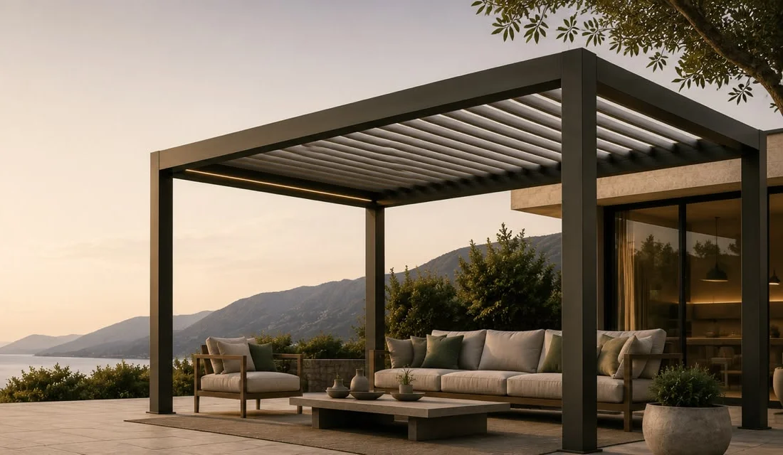 Bioklimatische Pergola mit Lounge-Möbeln auf einer Terrasse mit Blick über einen See im Abendlicht