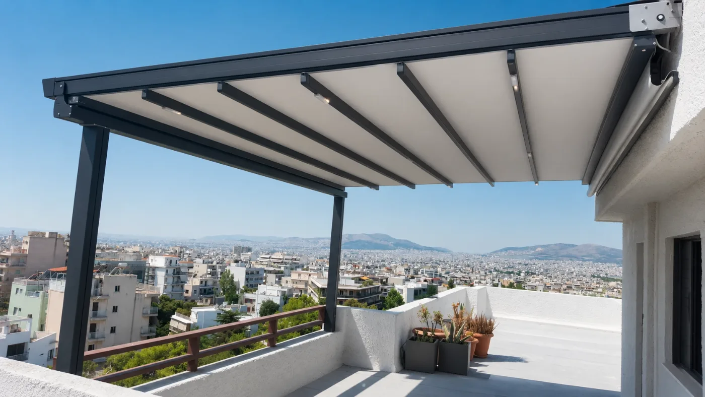 Pergola-Markise auf einer Dachterrasse mit Blick über die Stadt und die Berge