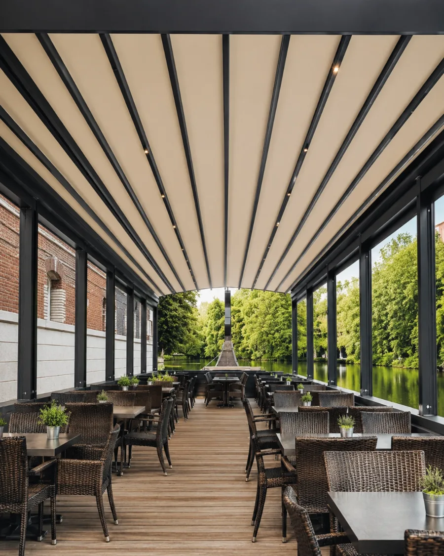 Lange Gastronomieterrasse am Wasser unter einer Pergola-Markise mit Korbstühlen