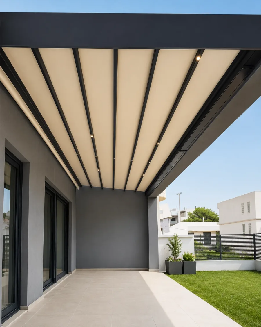 Pergola-Markise mit beigem Tuch und LED-Spots an einem modernen Wohnhaus